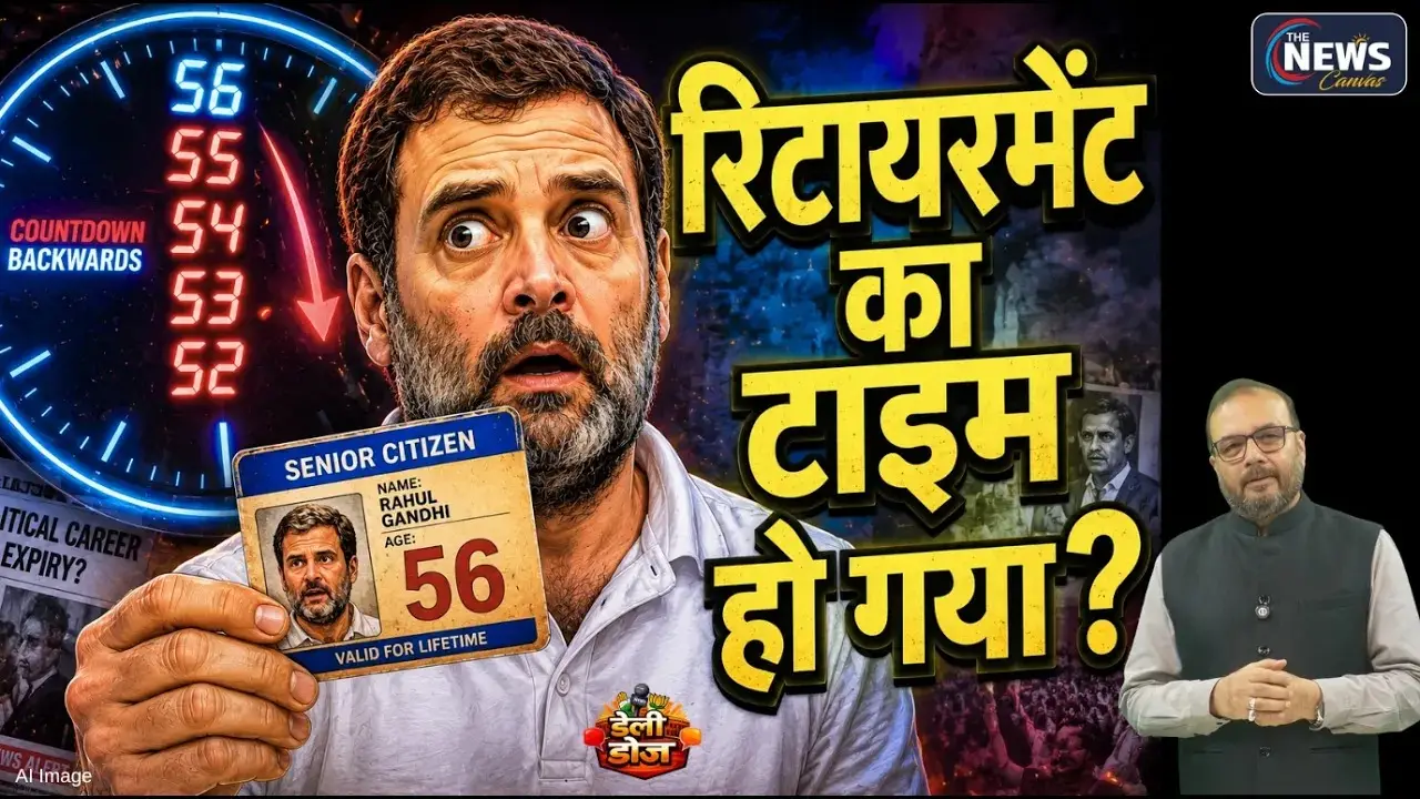 राहुल गांधी की तस्वीर के साथ काउंटडाउन घड़ी और "रिटायरमेंट का समय हो गया?" लिखा हुआ राजनीतिक समाचार थंबनेल।
